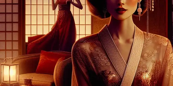 A captivating Japanese adult film scene featuring a charismatic performer in an elegantly decorated, intimate setting.