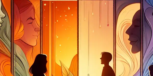 A serene room depicting two characters in intimate connection, contrasted by a shadowy corner symbolizing emotional conflict.<a href=