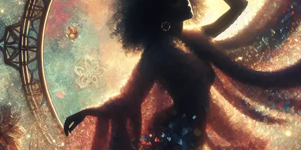 A silhouette of a woman playfully posing with flowing fabric in a softly lit, dreamy atmosphere.