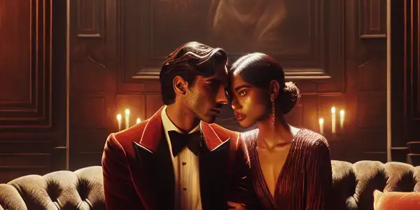 A passionate couple in an elegant, dimly lit room, embodying intimacy and emotional connection.