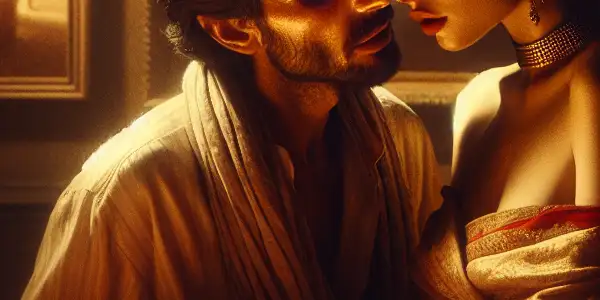 A couple shares an intimate moment in a dimly lit room, embodying desire and emotional connection.