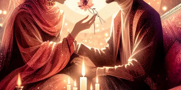 An intimate, softly lit room with a couple expressing affection, surrounded by romantic decorations and warm colors.