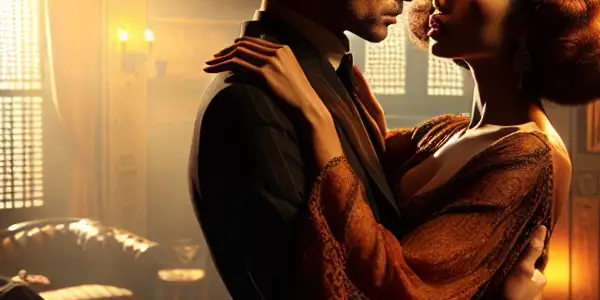 A passionate couple in an intimate embrace within a luxurious, dimly lit room.<a href=