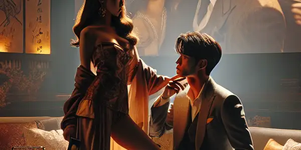 A romantic couple in a stylish living room, embodying Korean erotic culture with intimate decor and soft lighting.