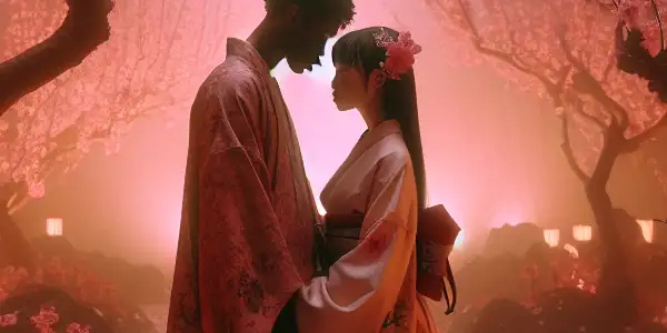 A couple in traditional Japanese attire shares a tender moment under blooming peach trees in a serene garden.