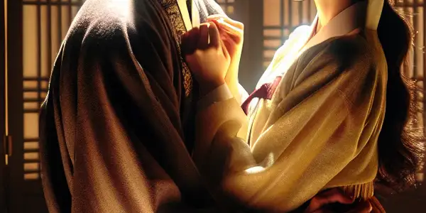 A couple in a passionate embrace in a dimly lit room with traditional Korean decor and romantic elements.