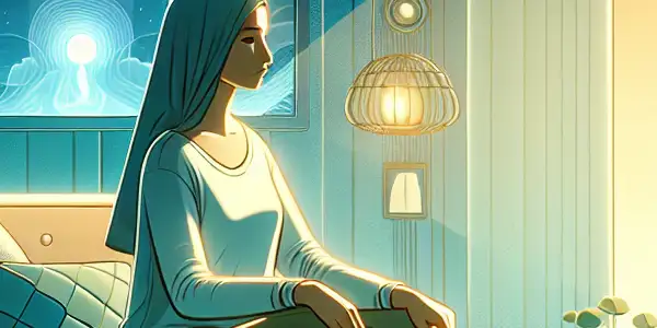 A cozy living room scene depicting an individual reflecting on emotional balance, surrounded by symbols of relaxation and recovery.