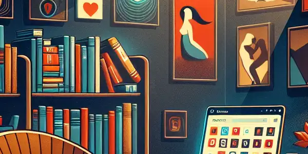 A cozy, dimly lit room filled with colorful erotic novels and a laptop showcasing adult content.