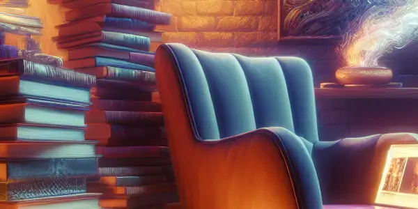 A cozy reading nook filled with colorful erotic novels and a glowing laptop showcasing adult film content.