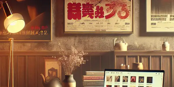 A cozy, dimly lit room with a modern laptop, vintage film posters, and elements of Japanese aesthetics.