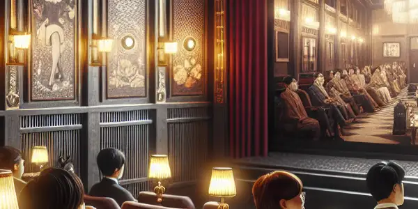 A stylish, dimly lit room with diverse individuals discussing Japanese cinema, surrounded by vintage decor and film posters.