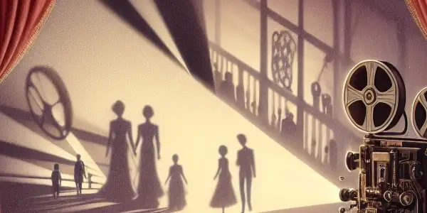 A vintage film projector illuminates suggestive silhouettes on a screen, surrounded by plush curtains and film reels.