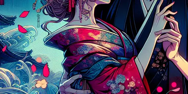 A vibrant scene depicting two characters in a dramatic, sensual moment surrounded by traditional Japanese motifs and modern elements.