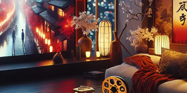 A cozy living room with a large screen, film reels, and hints of Japanese culture, evoking warmth and intimacy.