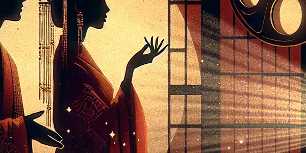 A sensual and intimate scene depicting silhouettes in a dimly lit room, surrounded by abstract patterns and cinematic elements.