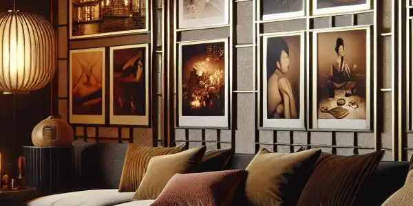 A sophisticated Japanese-themed room with soft lighting, vintage film projector, and intimate artful imagery on a coffee table.