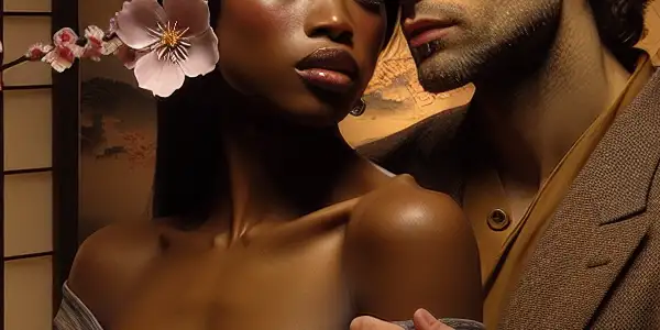 A cozy Japanese room with a couple sharing an intimate moment, surrounded by traditional decor and cherry blossoms.