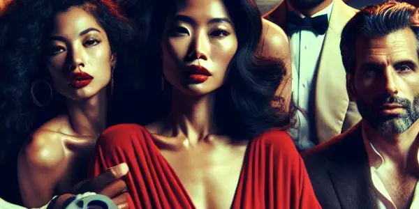 A vibrant urban scene depicting diverse characters in a dramatic, intimate moment of passion and desire.