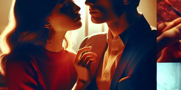 An intimate couple in a dimly lit room, surrounded by warm colors symbolizing passion and cool tones suggesting tension.