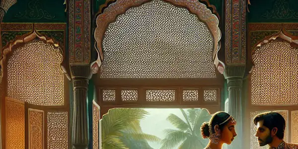 A couple performs a passionate classical dance in a richly decorated Indian room, embodying sensuality and artistry.